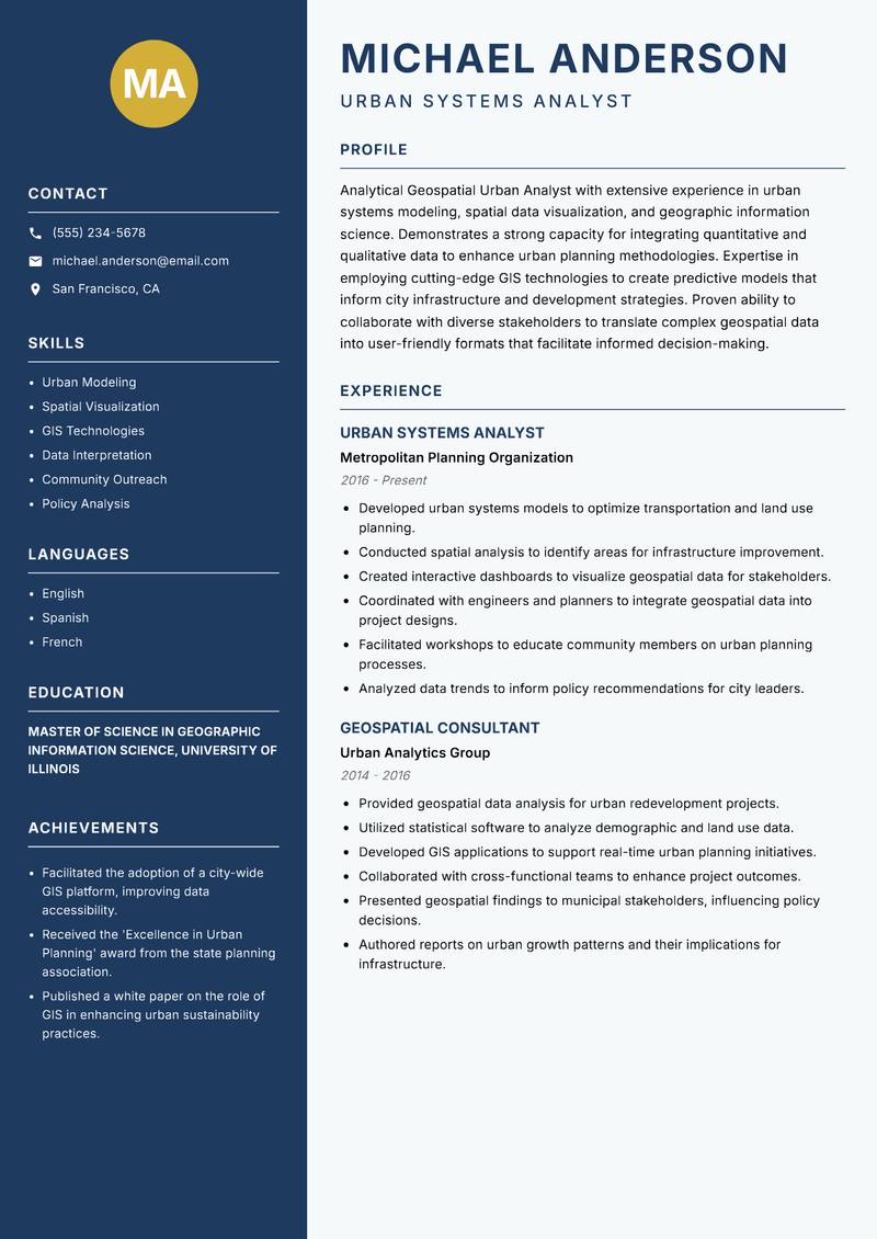 Geospatial Urban Analyst Resume Preview Example