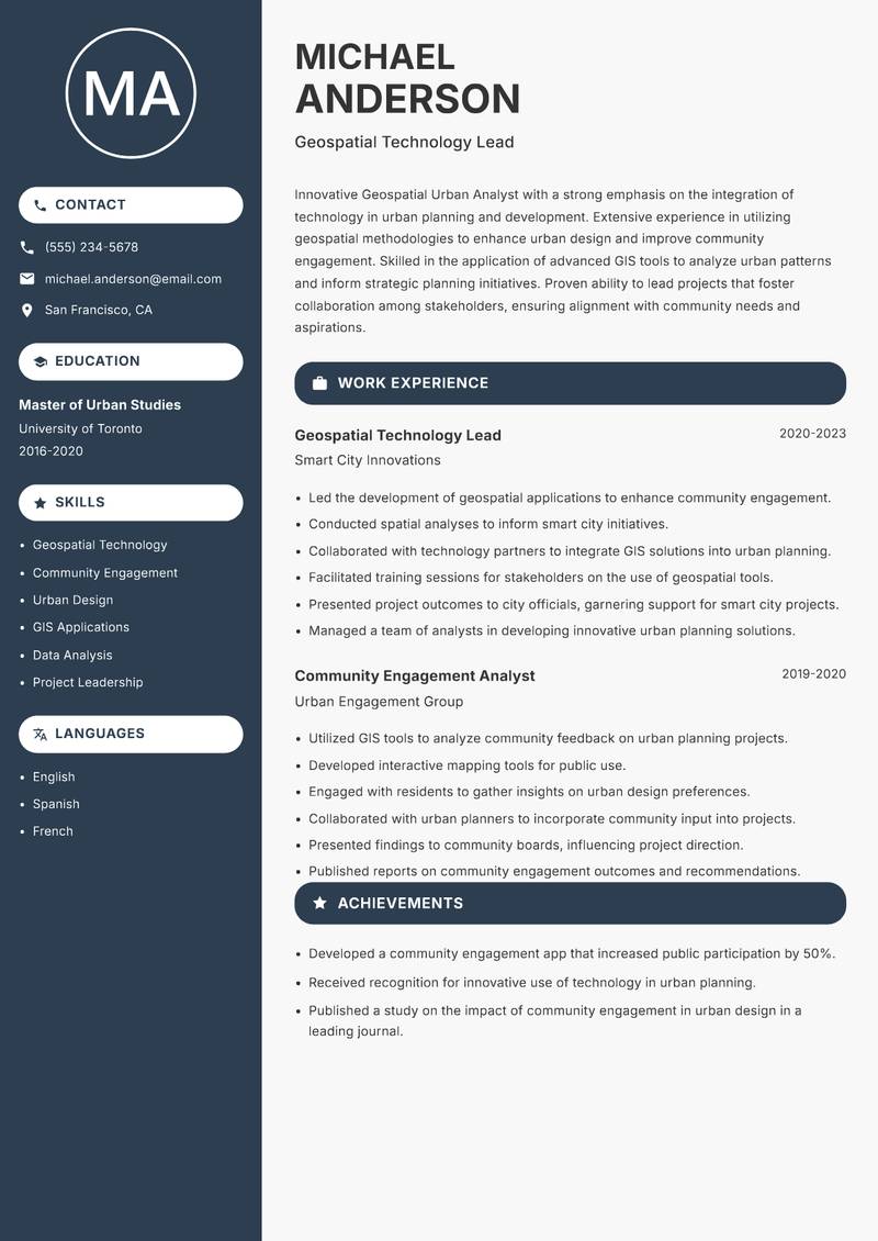 Geospatial Urban Analyst Resume Preview Example