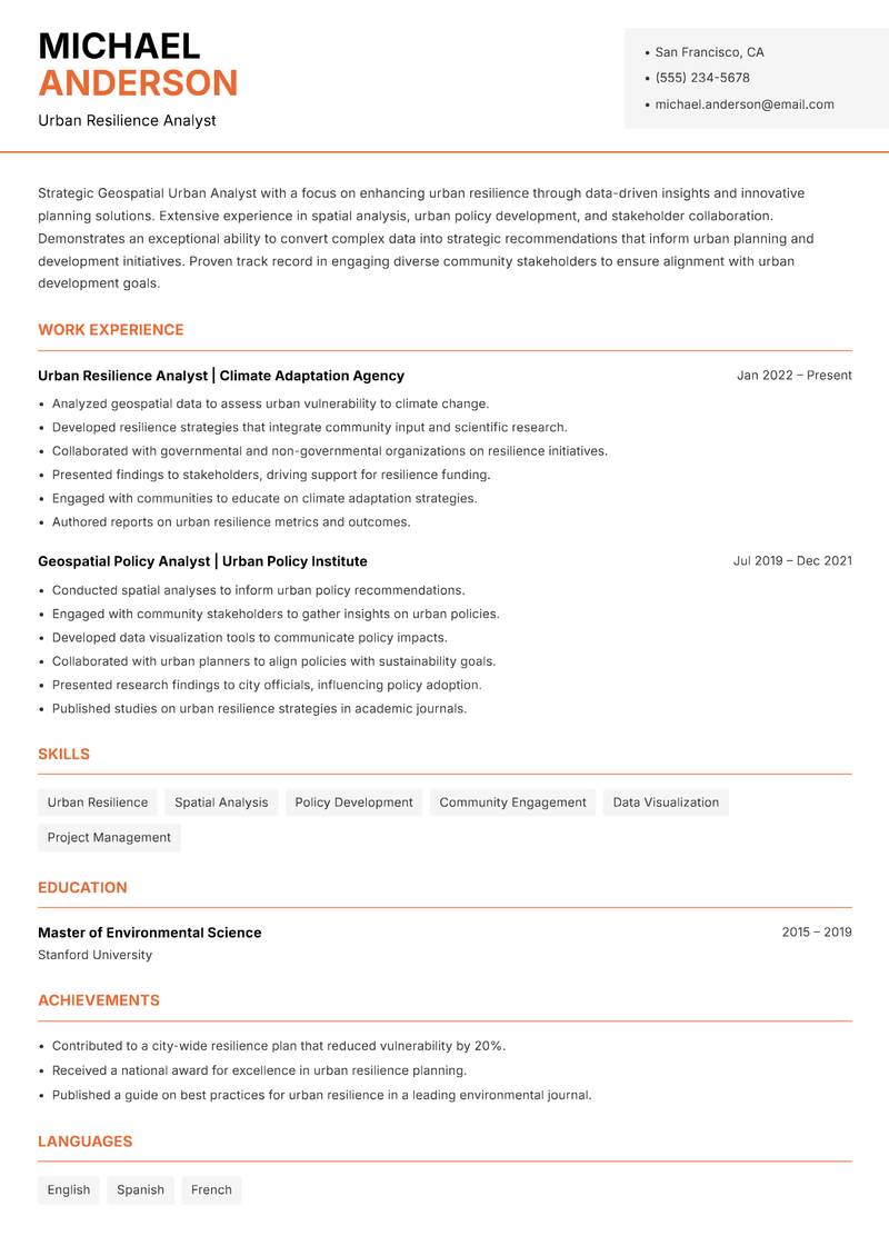 Geospatial Urban Analyst Resume Template