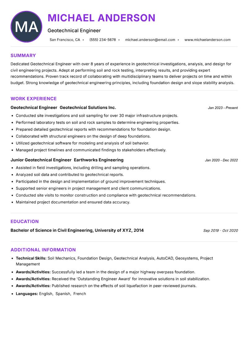 Geotechnical Engineer Resume Preview Example