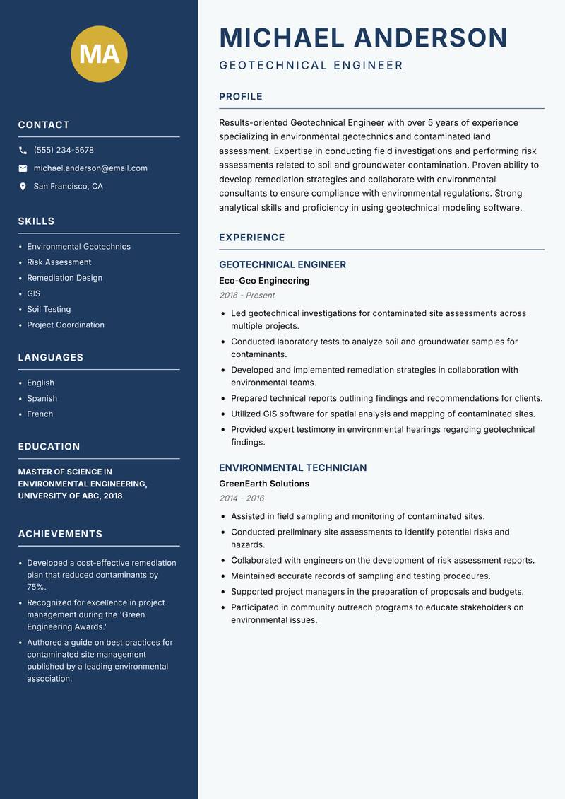 Geotechnical Engineer Resume Preview Example