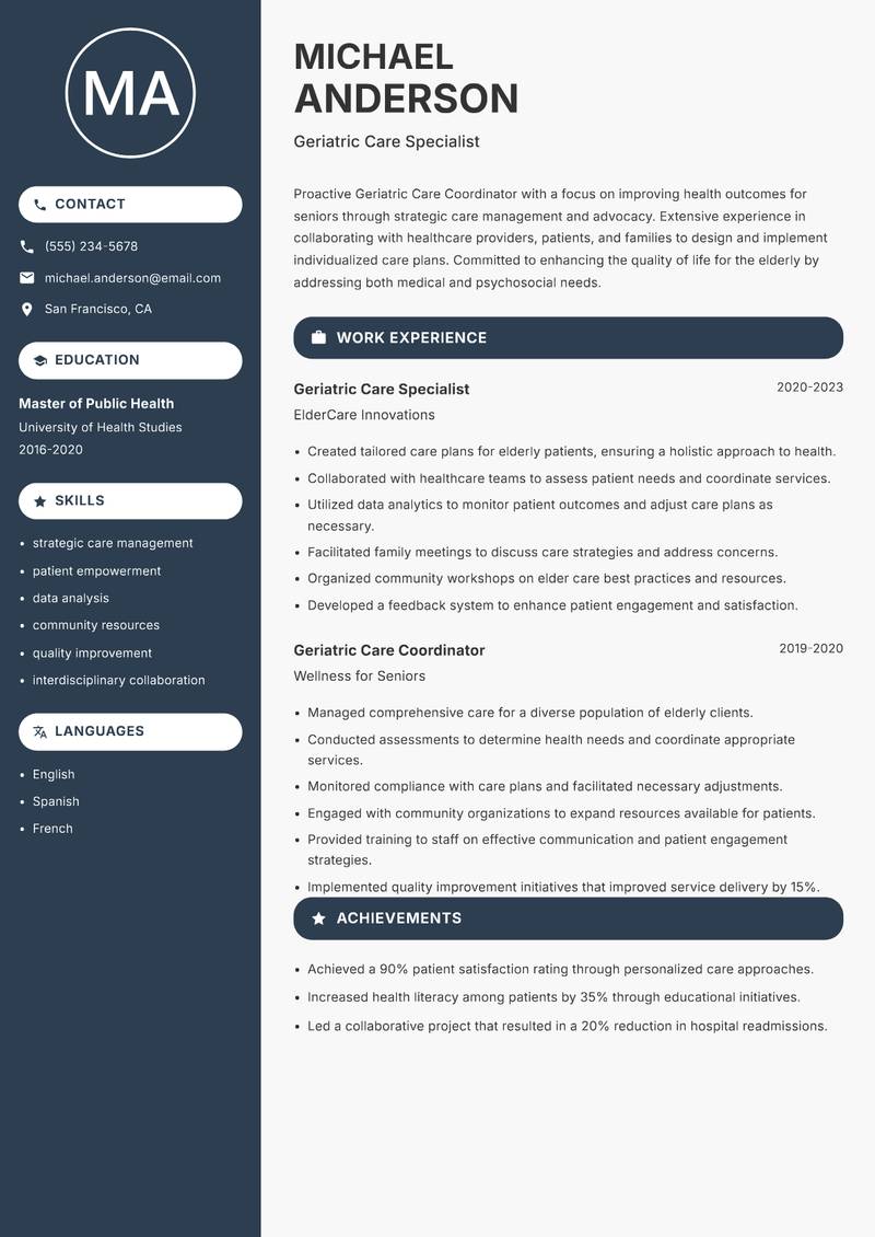 Geriatric Care Coordinator Resume Preview Example