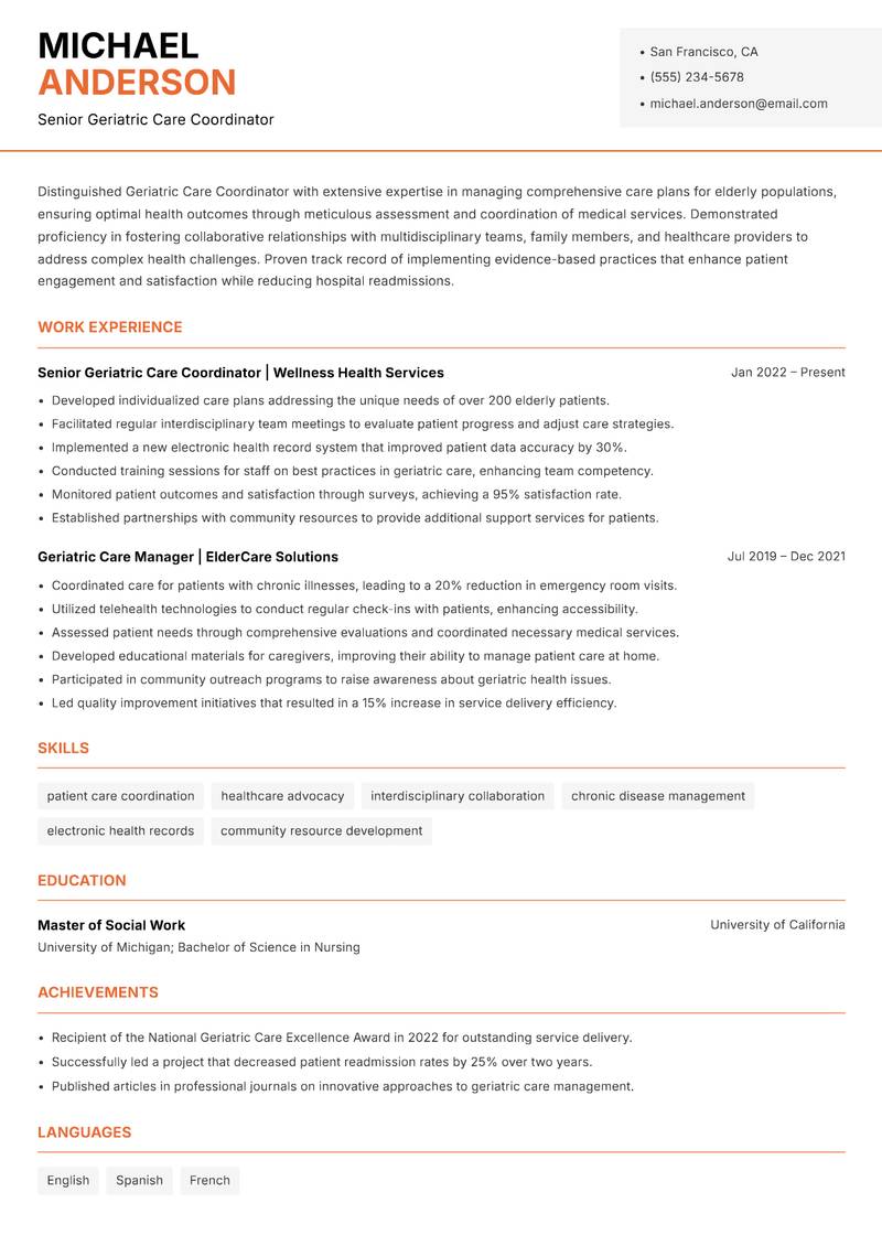Geriatric Care Coordinator Resume Template