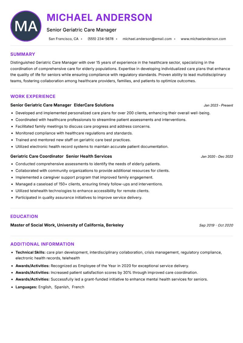 Geriatric Care Manager Resume Preview Example