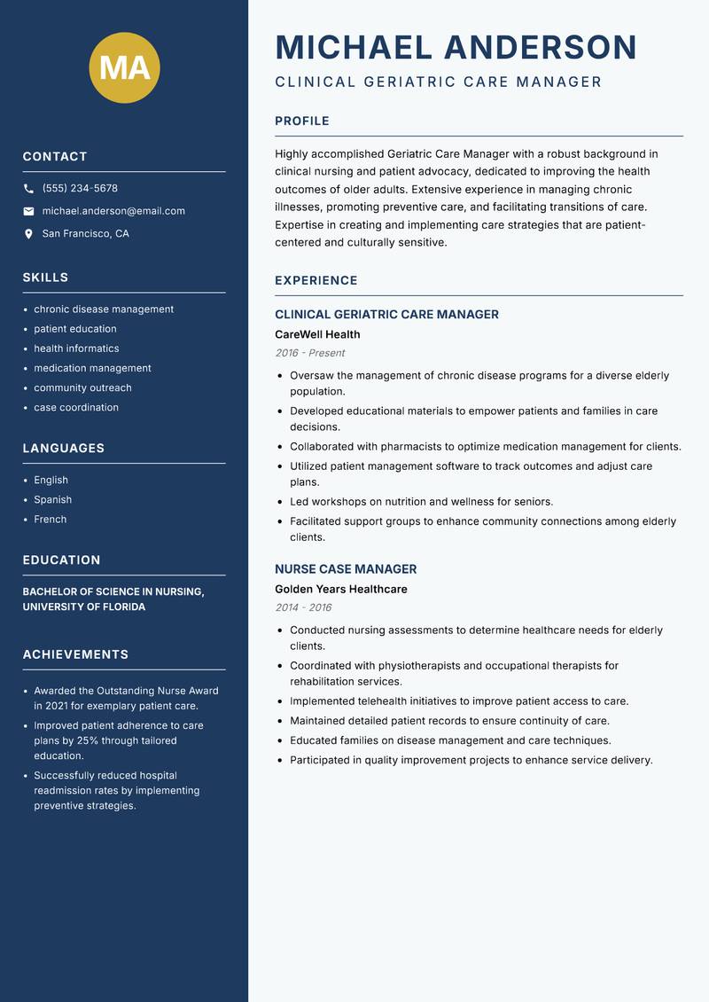 Geriatric Care Manager Resume Preview Example
