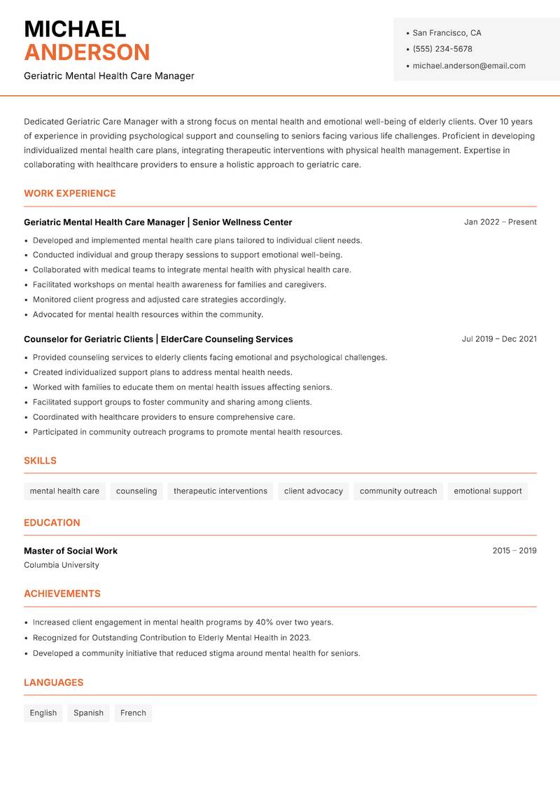Geriatric Care Manager Resume Template