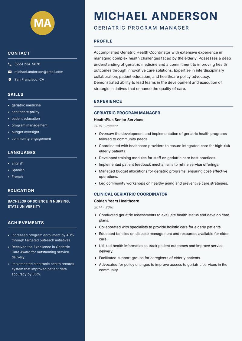 Geriatric Health Coordinator Resume Preview Example