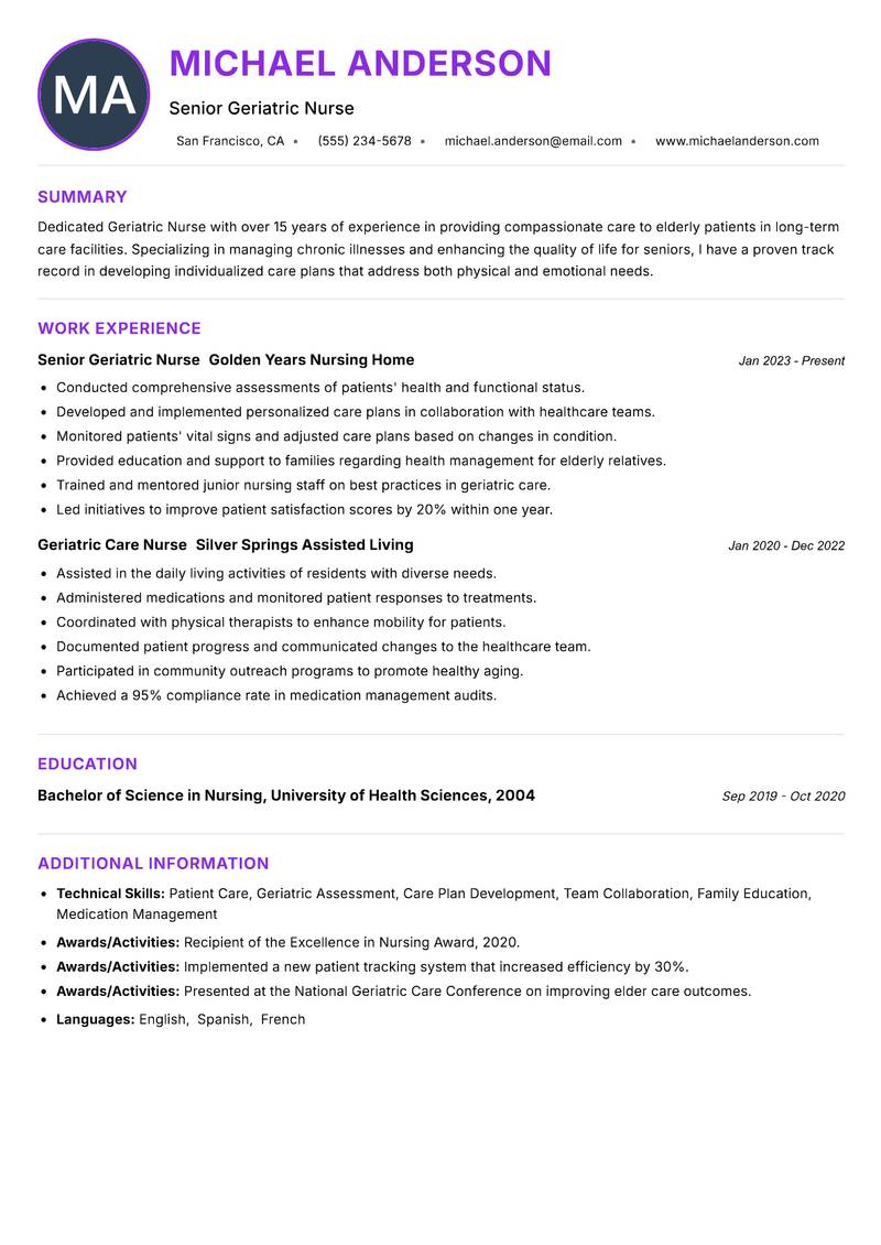 Geriatric Nurse Resume Preview Example