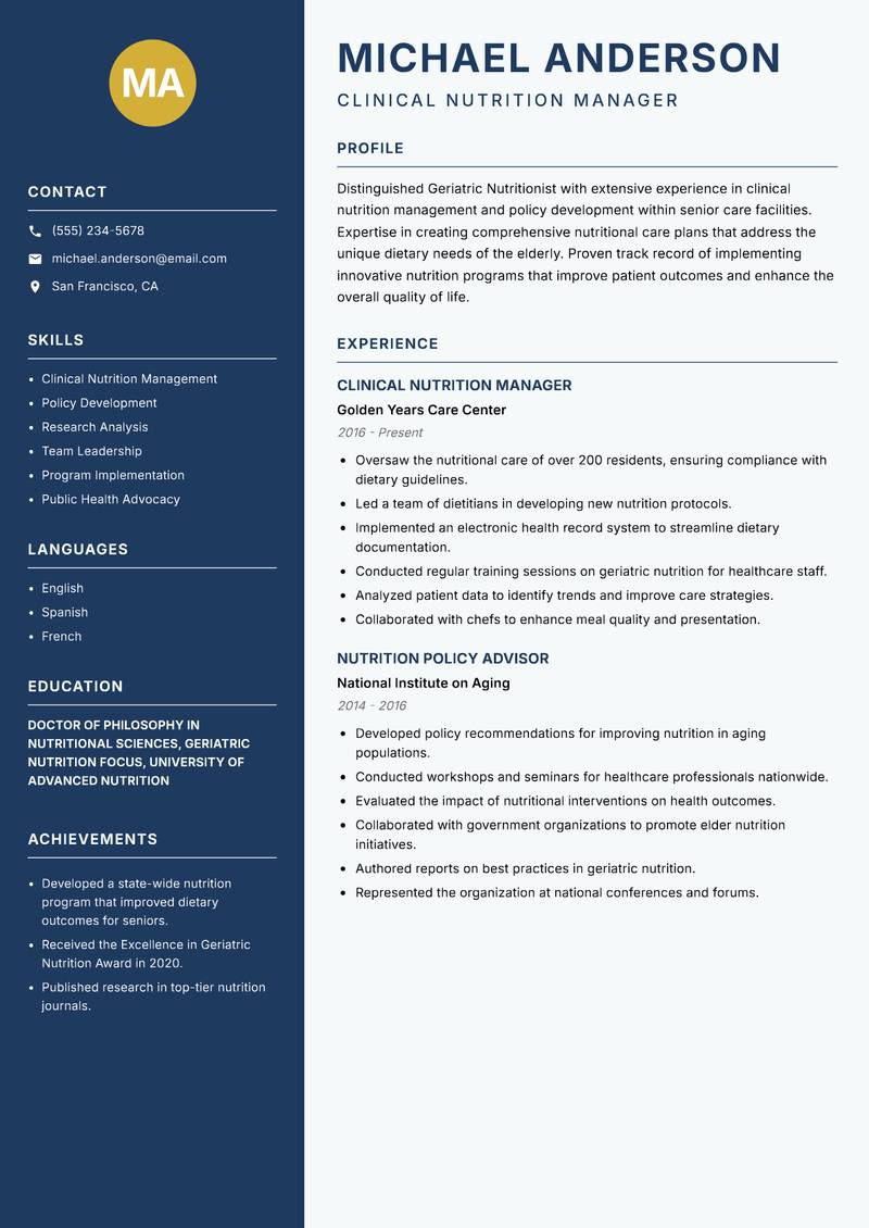 Geriatric Nutritionist Resume Preview Example