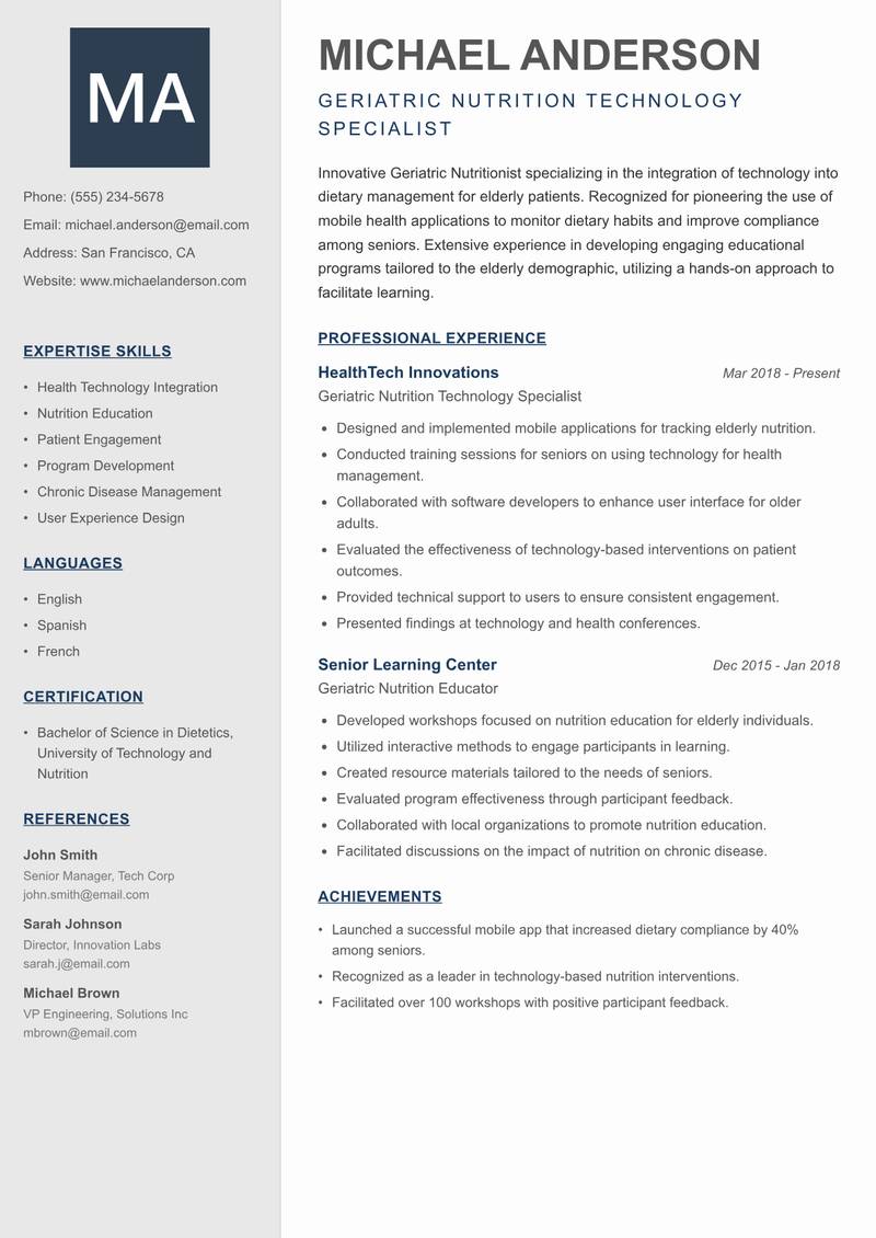 Geriatric Nutritionist Resume Preview Example
