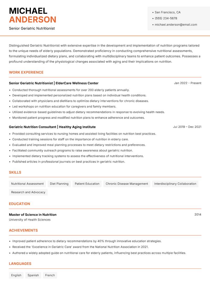 Geriatric Nutritionist Resume Template