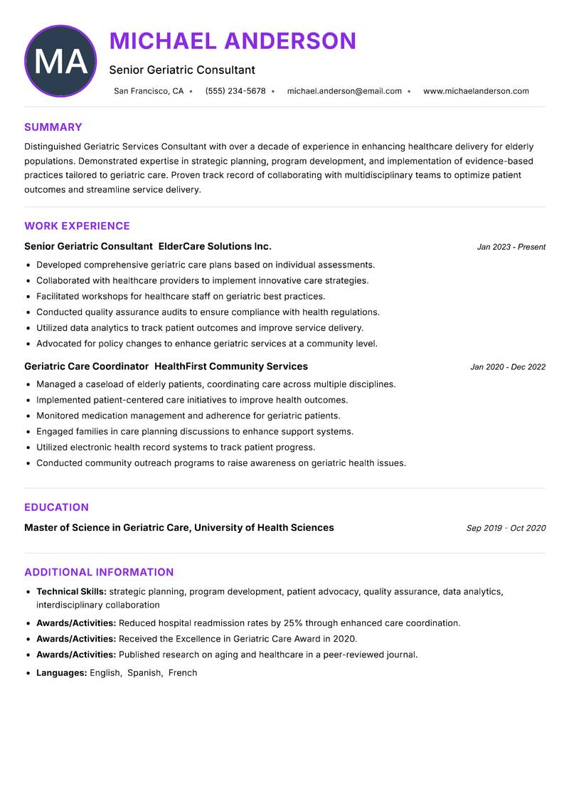 Geriatric Services Consultant Resume Preview Example