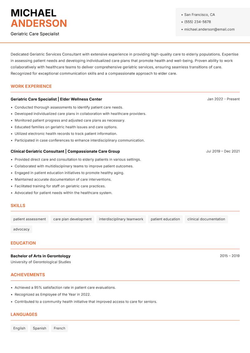 Geriatric Services Consultant Resume Template