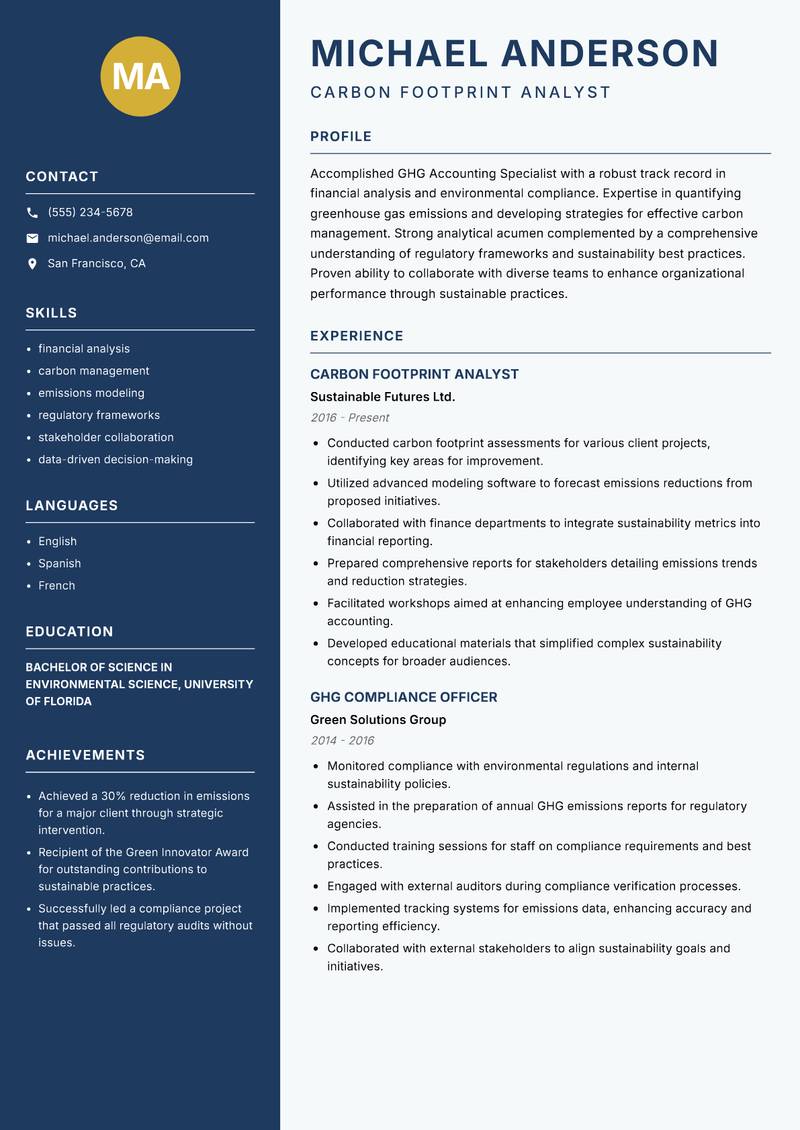 GHG Accounting Specialist Resume Preview Example