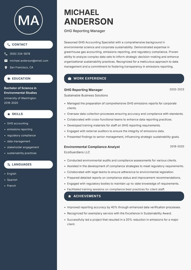 GHG Accounting Specialist Resume Preview Example