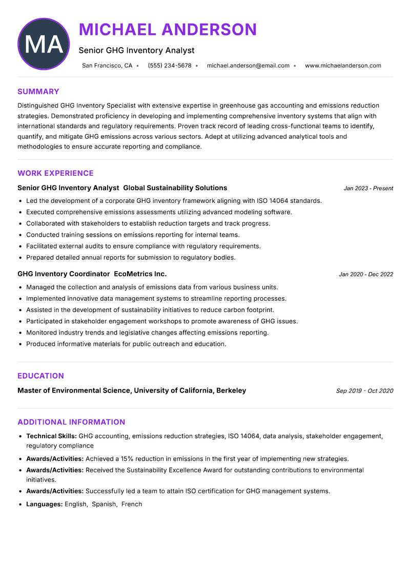 GHG Inventory Specialist Resume Preview Example