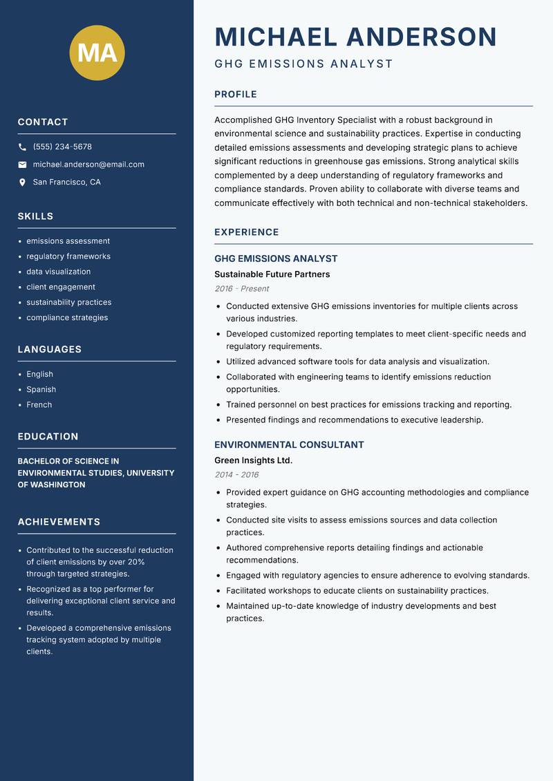 GHG Inventory Specialist Resume Preview Example