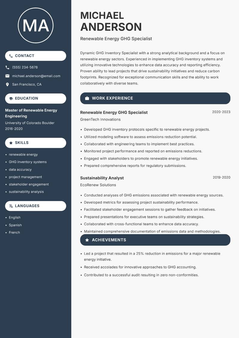 GHG Inventory Specialist Resume Preview Example