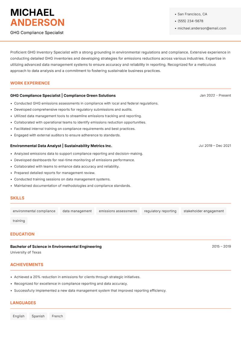 GHG Inventory Specialist Resume Template