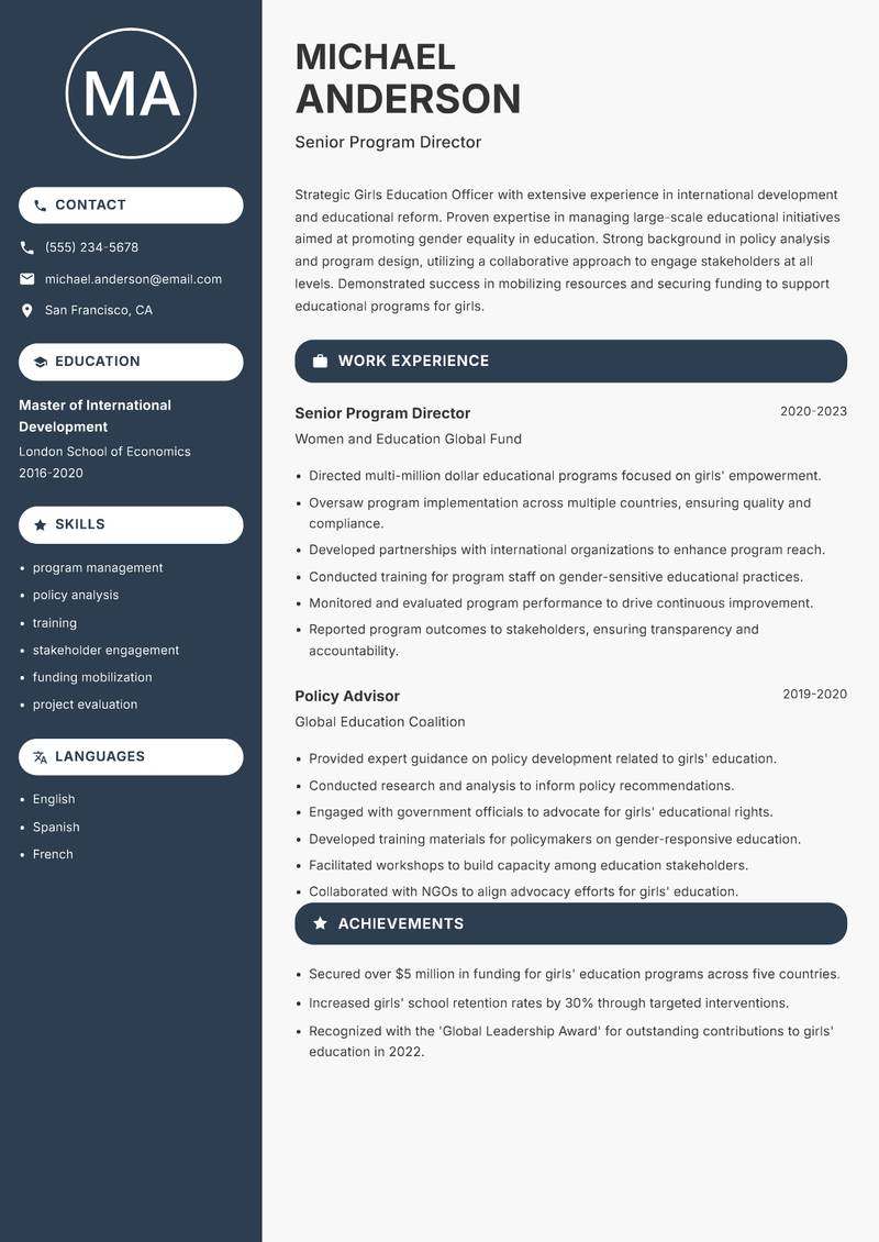 Girls Education Officer Resume Preview Example