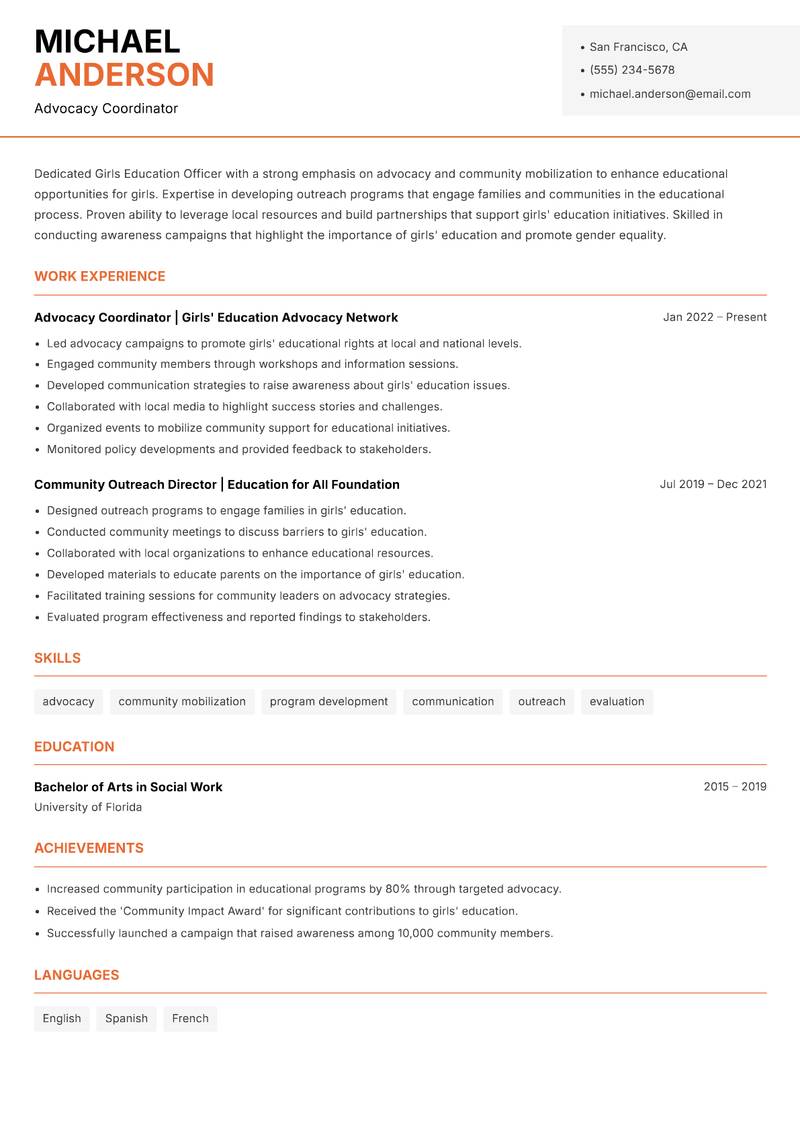 Girls Education Officer Resume Template