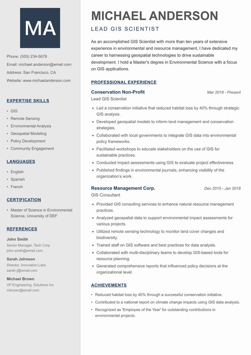 GIS Scientist Resume Preview Example