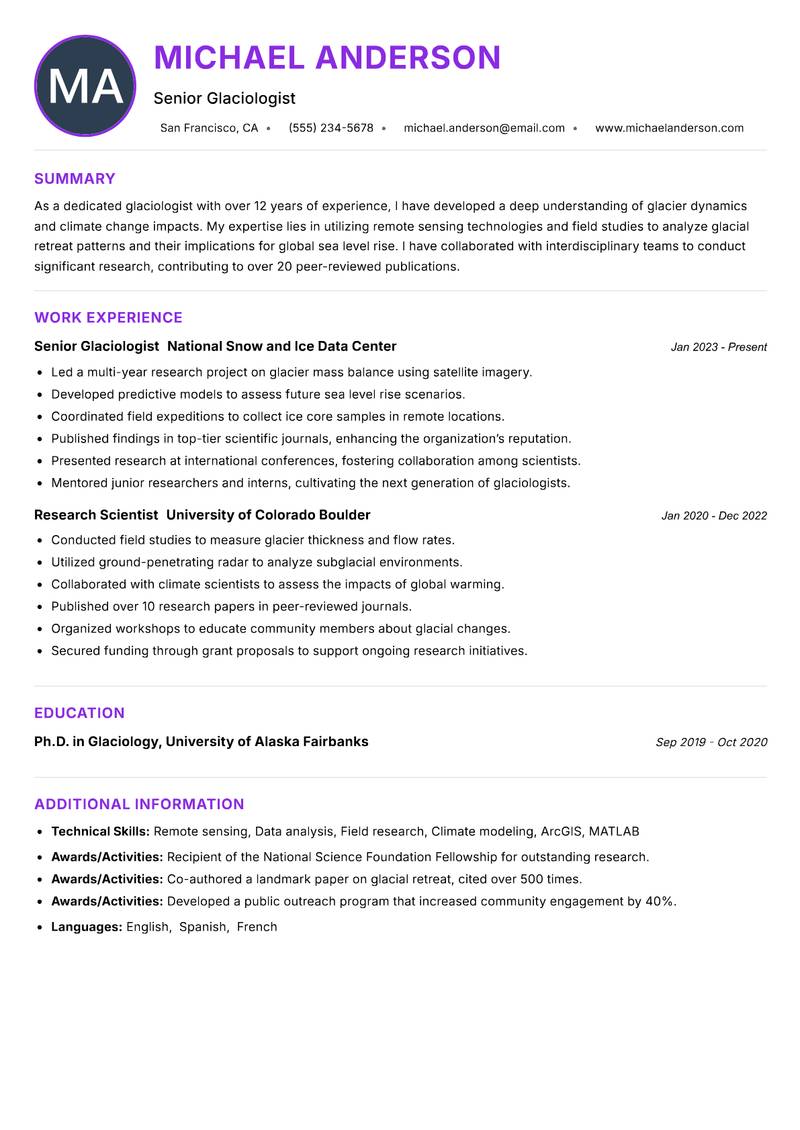Glaciologist Resume Preview Example