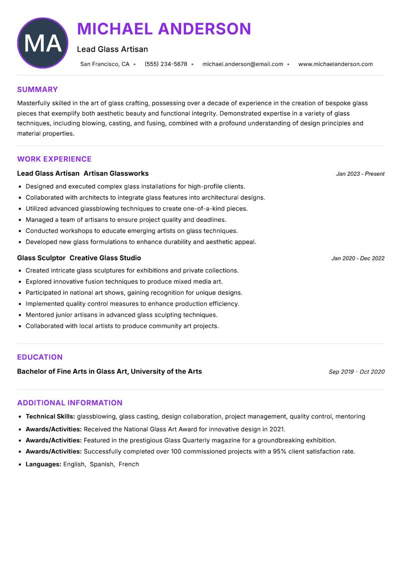 Glass Craft Artisan Resume Preview Example
