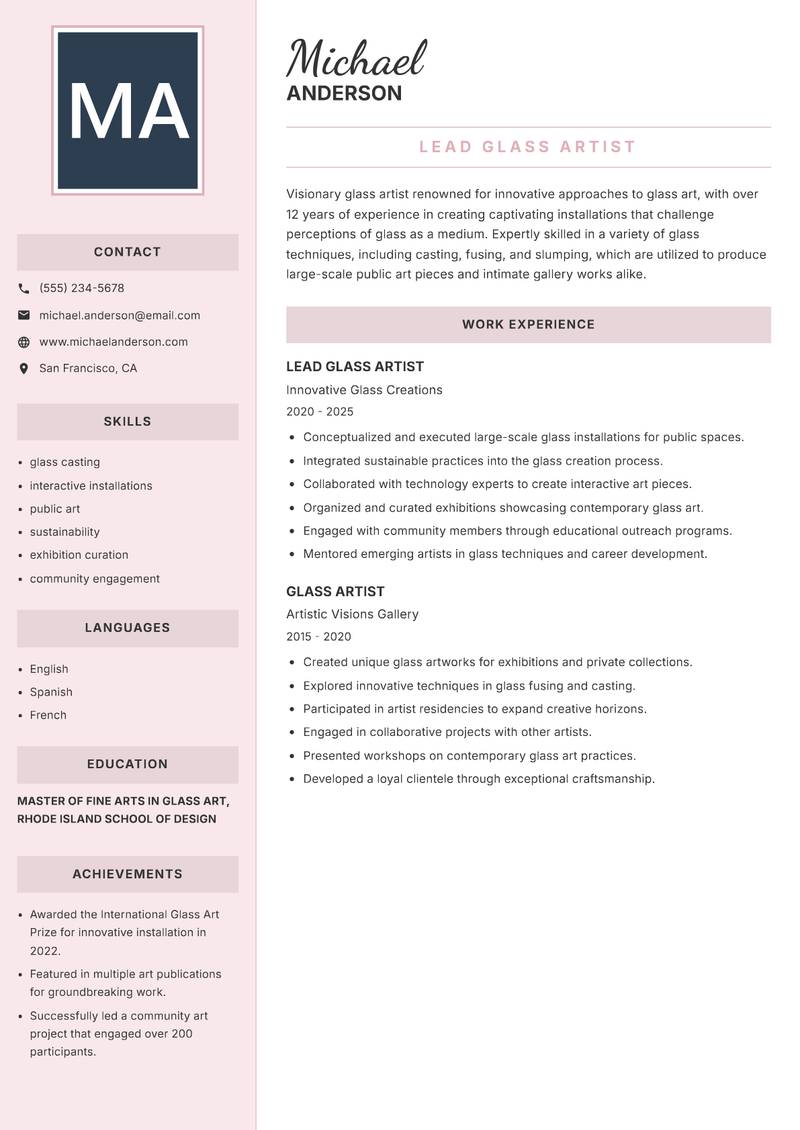 Glass Craft Artisan Resume Preview Example