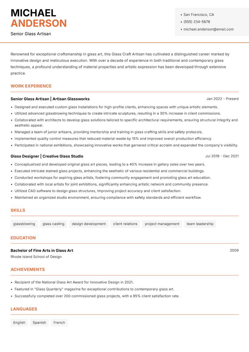Glass Craft Artisan Resume Template