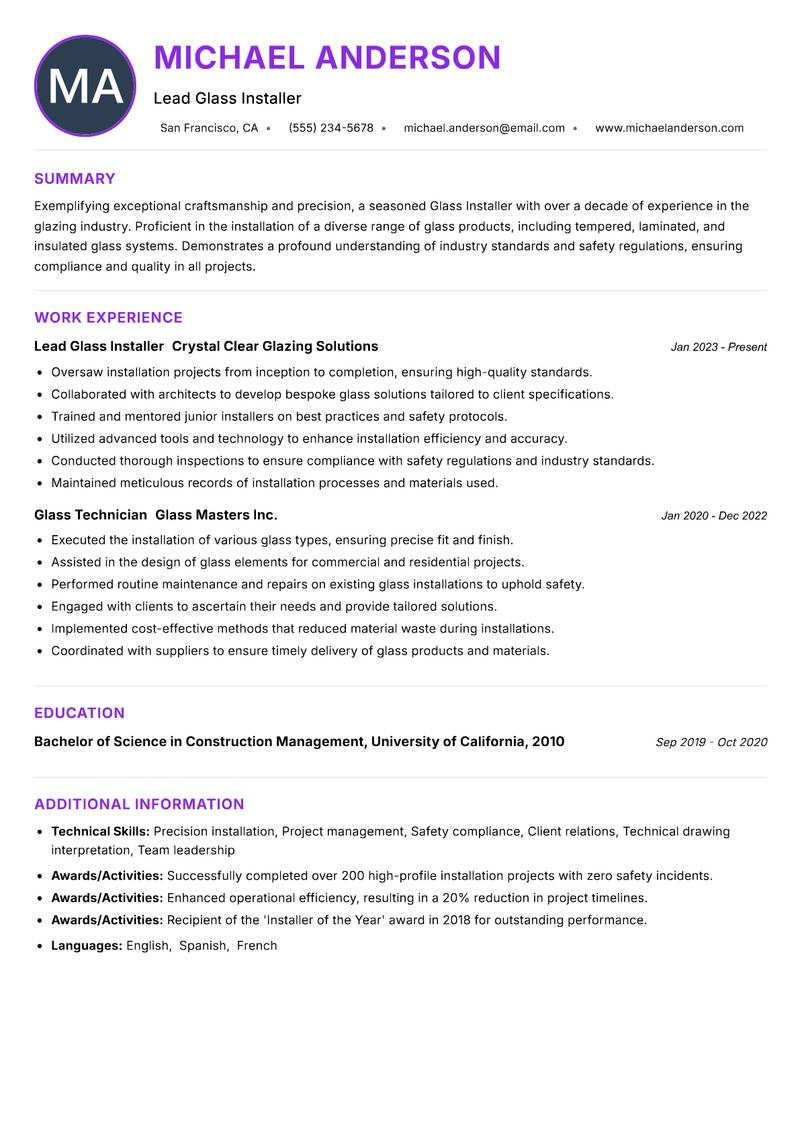 Glass Installer Resume Preview Example