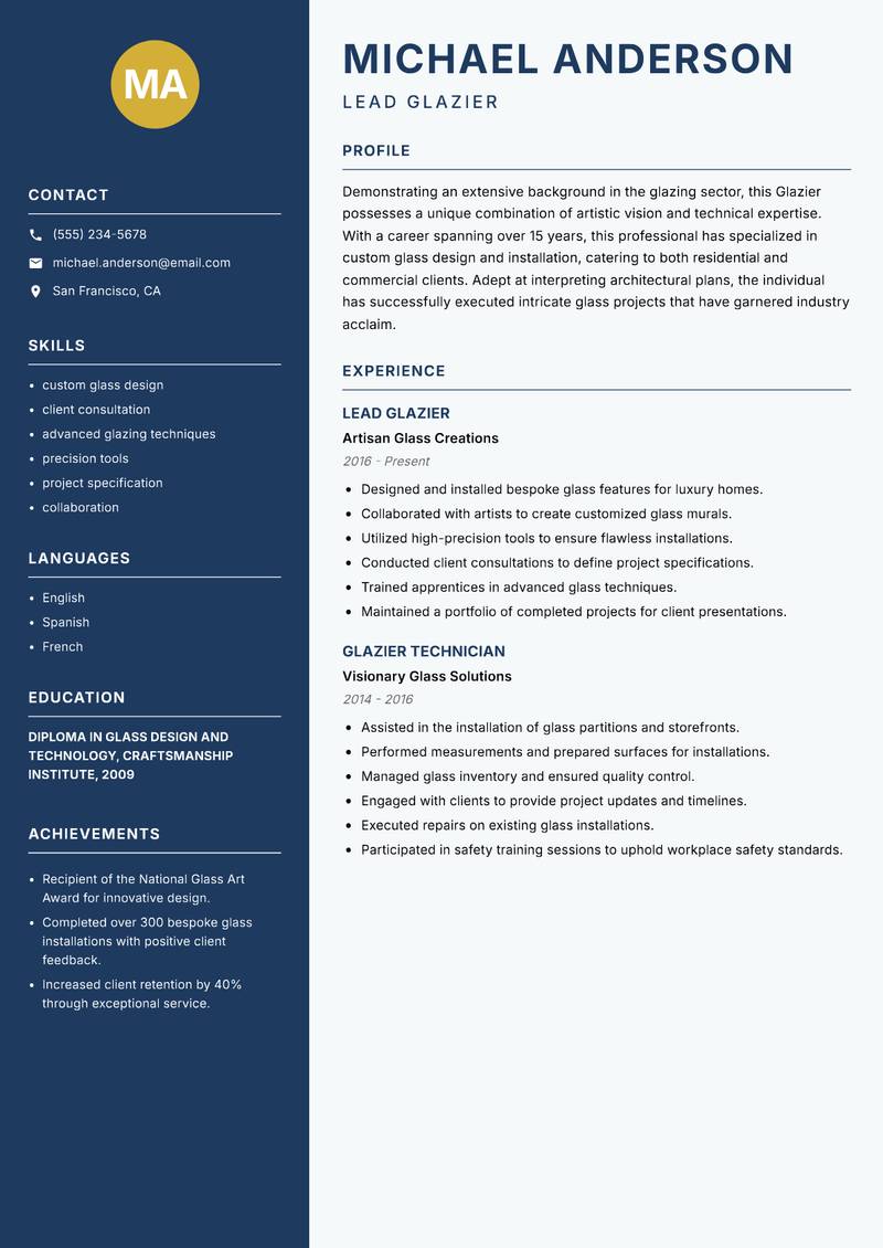 Glazier Resume Preview Example