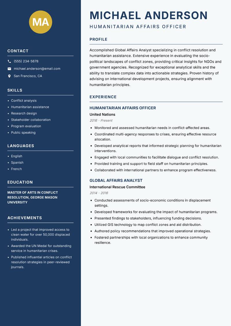 Global Affairs Analyst Resume Preview Example