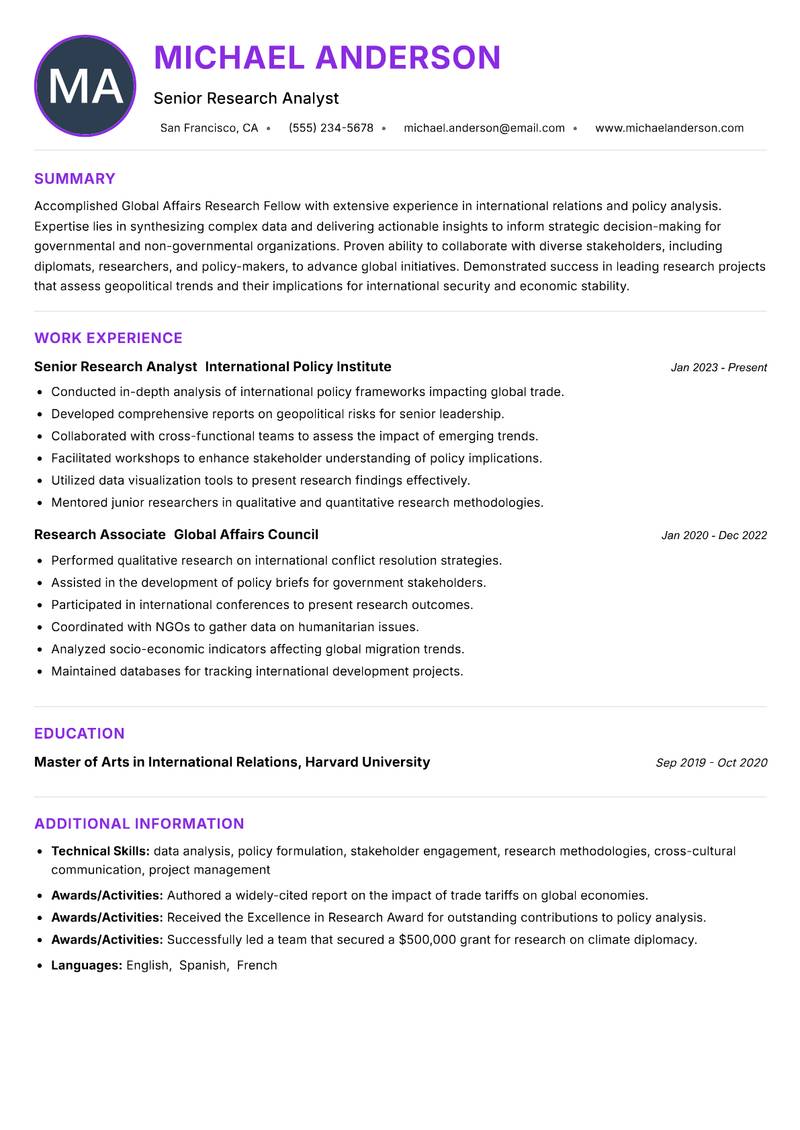 Global Affairs Research Fellow Resume Preview Example