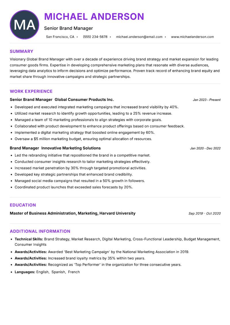 Global Brand Manager Resume Preview Example