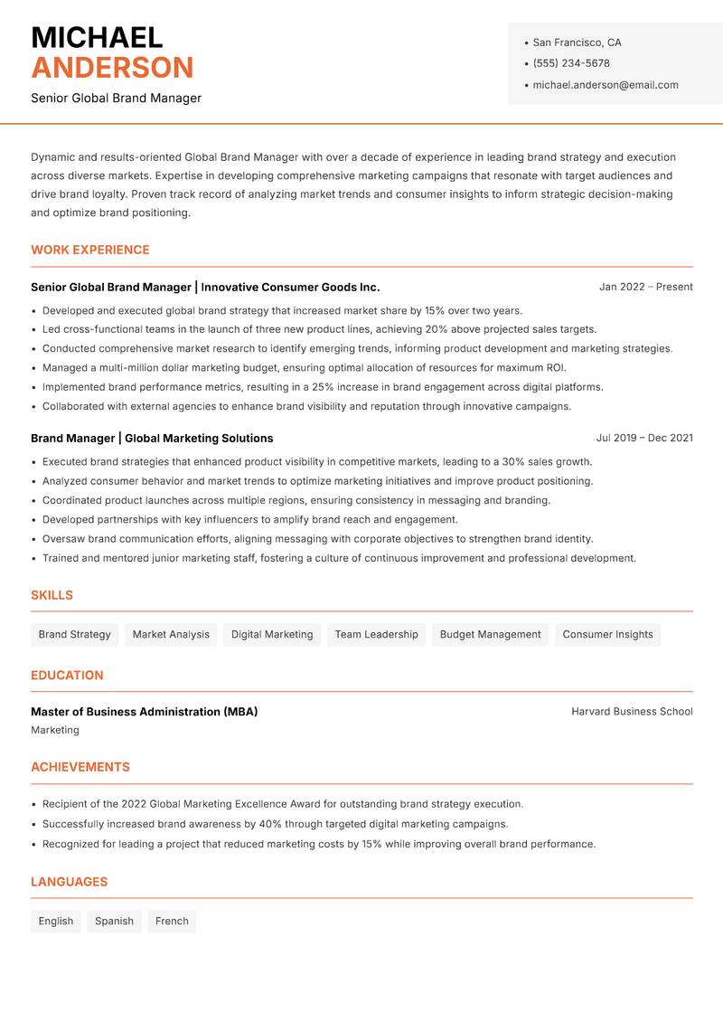 Global Brand Manager Resume Template