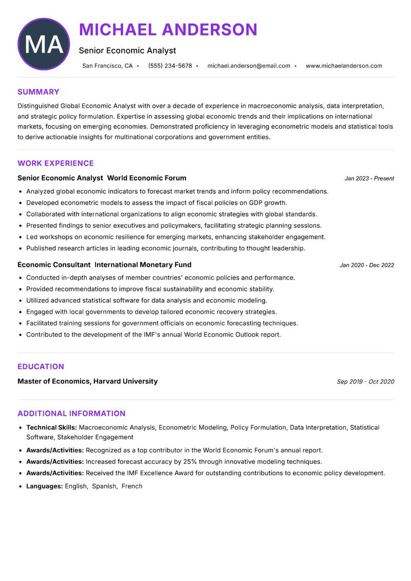 Global Economic Analyst Resume Preview Example