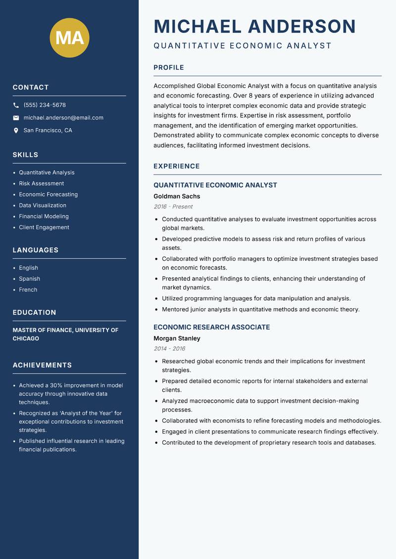 Global Economic Analyst Resume Preview Example