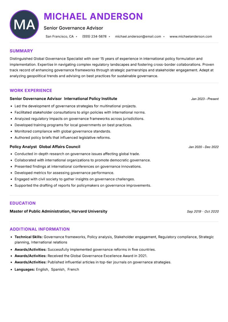 Global Governance Specialist Resume Preview Example
