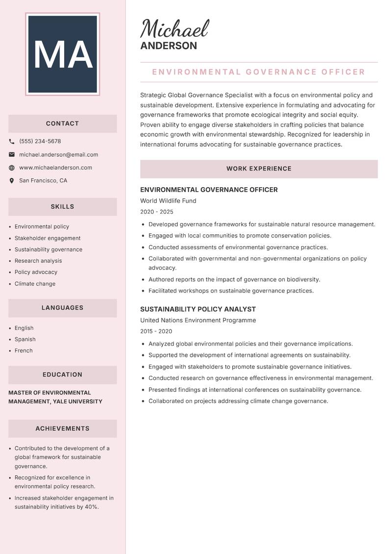 Global Governance Specialist Resume Preview Example