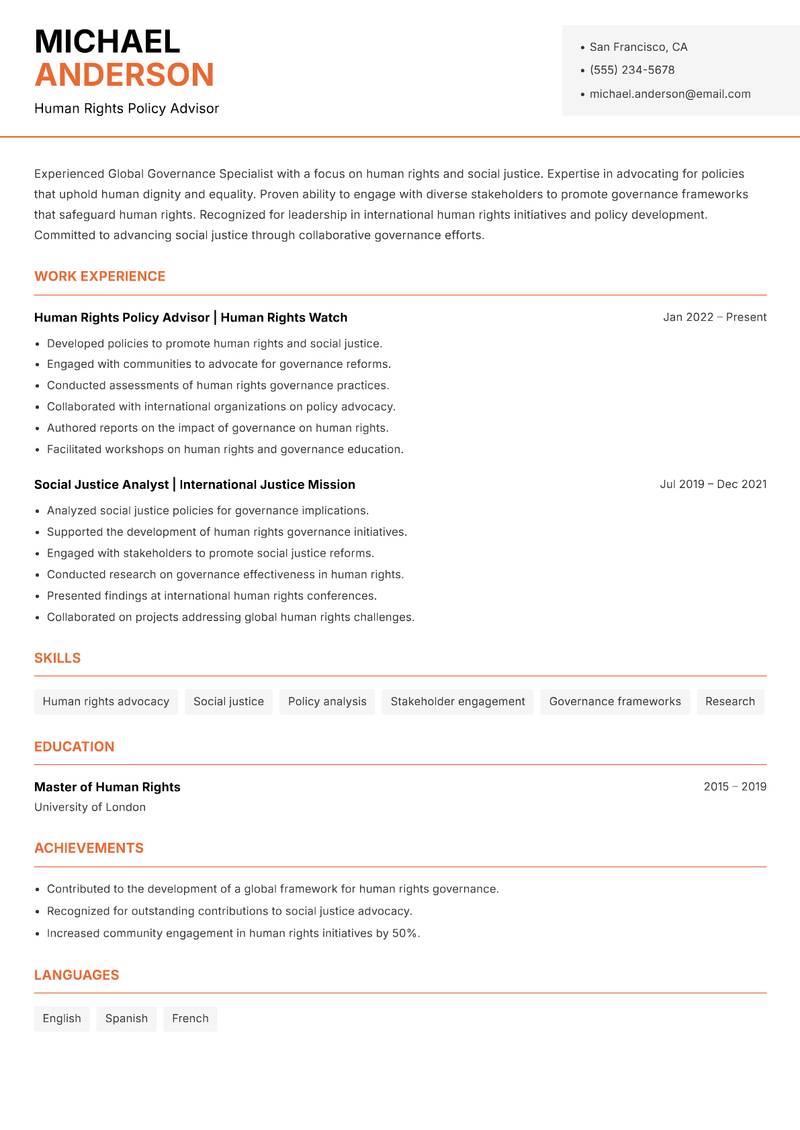 Global Governance Specialist Resume Template