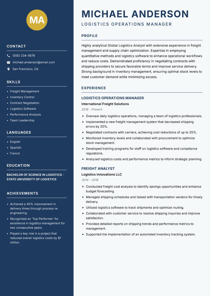 Global Logistics Analyst Resume Preview Example