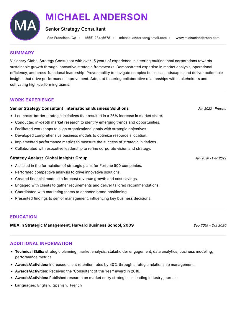 Global Strategy Consultant Resume Preview Example