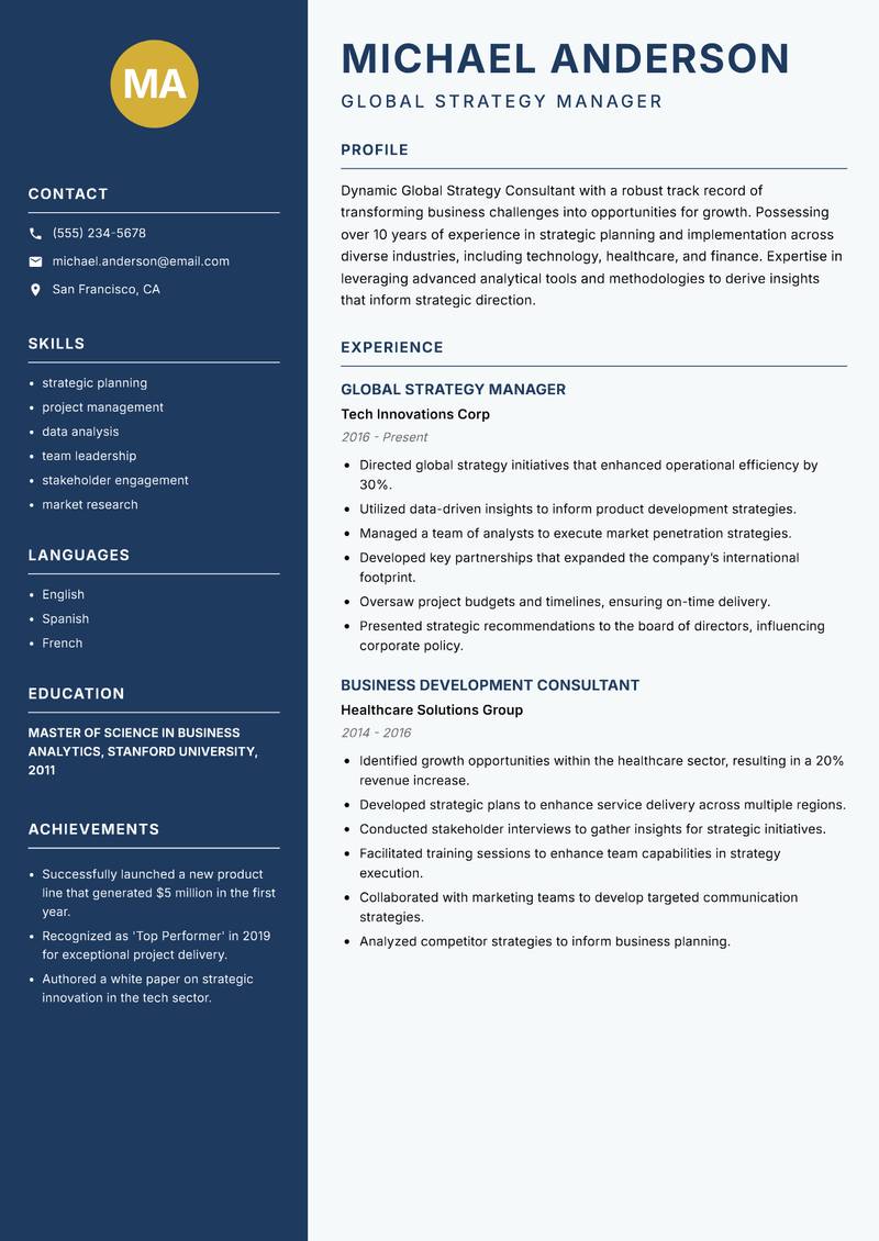 Global Strategy Consultant Resume Preview Example