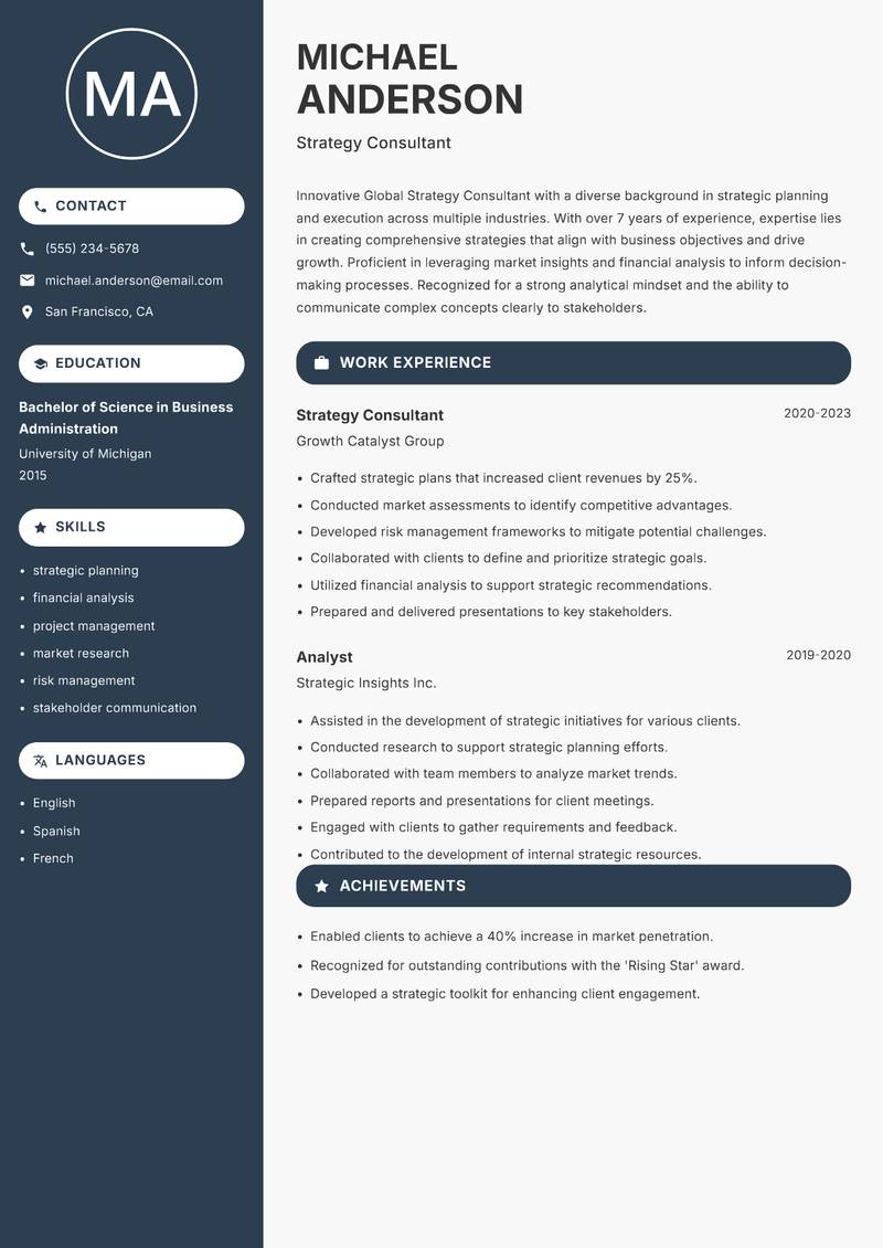 Global Strategy Consultant Resume Preview Example