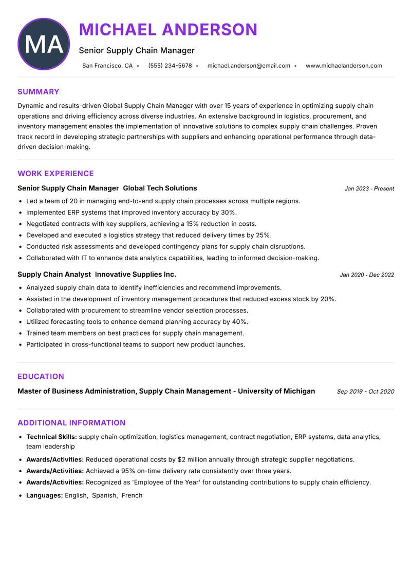 Global Supply Chain Manager Resume Preview Example
