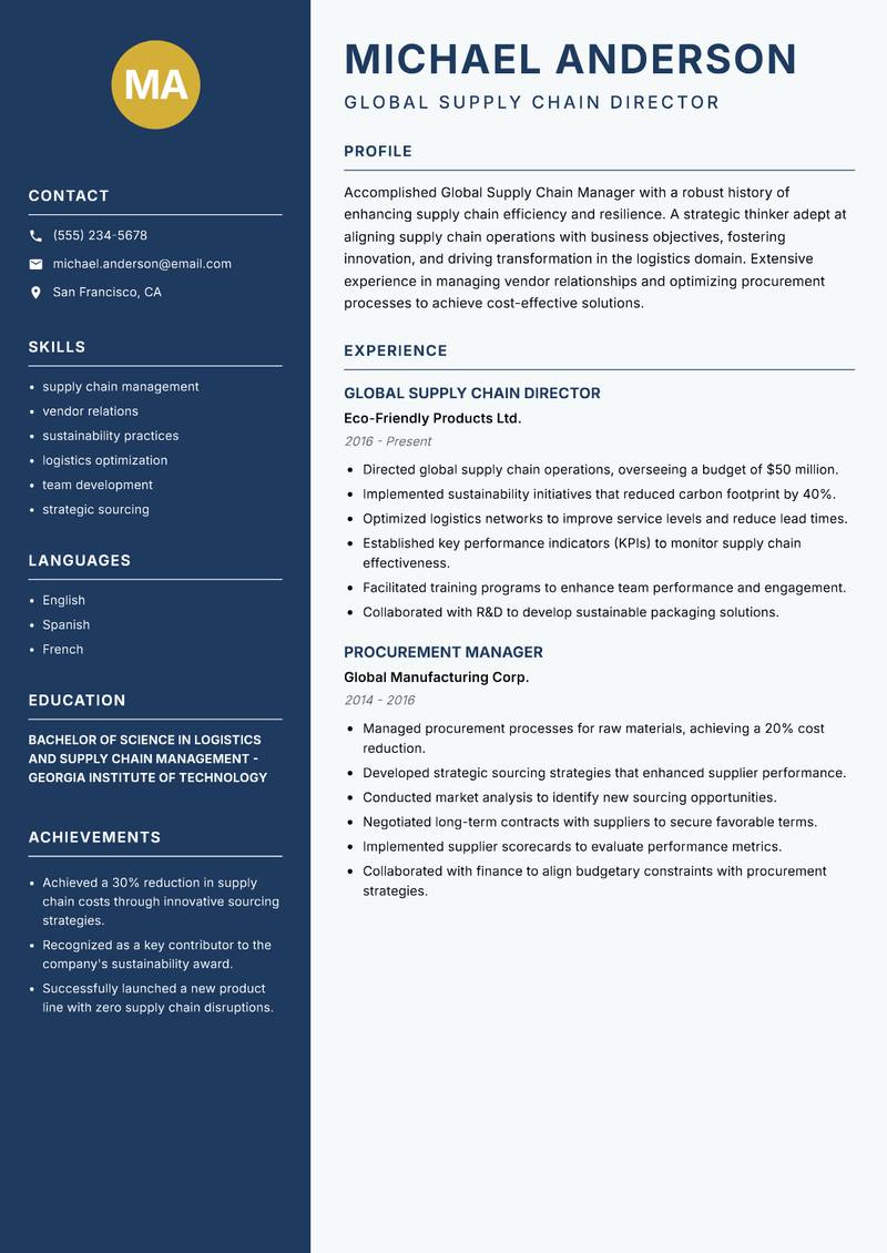 Global Supply Chain Manager Resume Preview Example