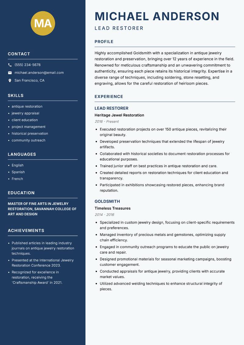 Goldsmith Resume Preview Example