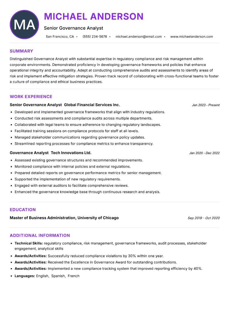 Governance Analyst Resume Preview Example