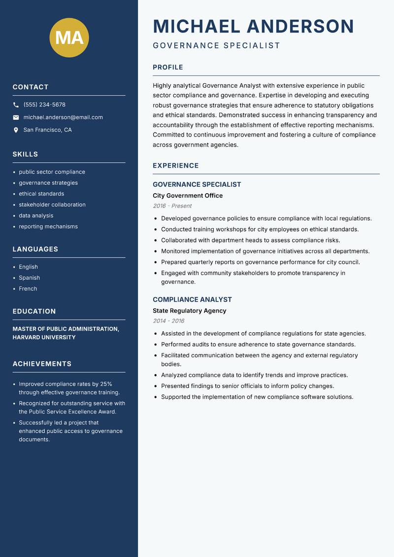 Governance Analyst Resume Preview Example